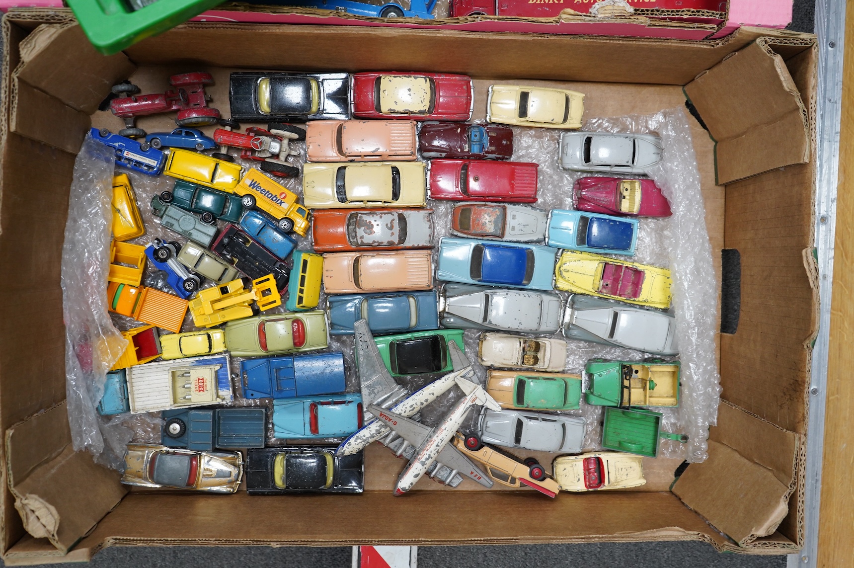 A quantity of 1950s/60s Dinky Toys, Corgi Toys, Matchbox Series, etc. including two boxed Dinky Supertoys; BBC T.V. Mobile Control Room (967), BBC T.V. Roving Eye Vehicle (968), together with unboxed vehicles including;